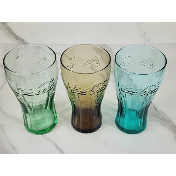 Coca Cola Libbey Drinking Glasses 16oz Embossed 6" Retro Green Blue Brown x3 - Picture 8 of 13